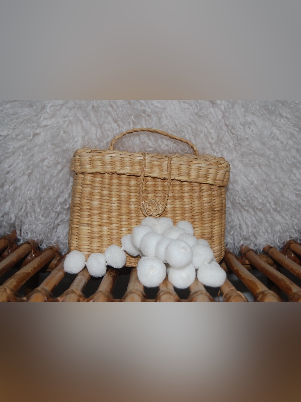 Woven Straw Mini Bag with White Pom Pom Accent